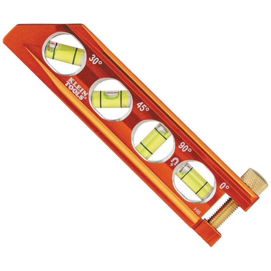 High-angle studio shot of the orange Klein Tools 935AB4V Accu-Bend torpedo level, showcasing the four high-visibility vials at 0, 30, 45, and 90-degree angles and the brass thumb screw at the base.