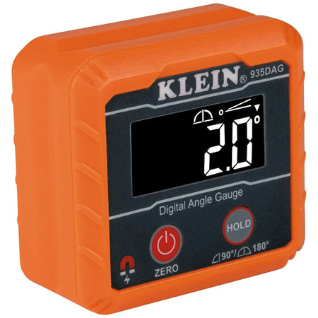 An angled studio shot of the orange Klein Tools 935DAG digital angle gauge, featuring a reverse contrast display reading 2.0 degrees and buttons for power and hold.