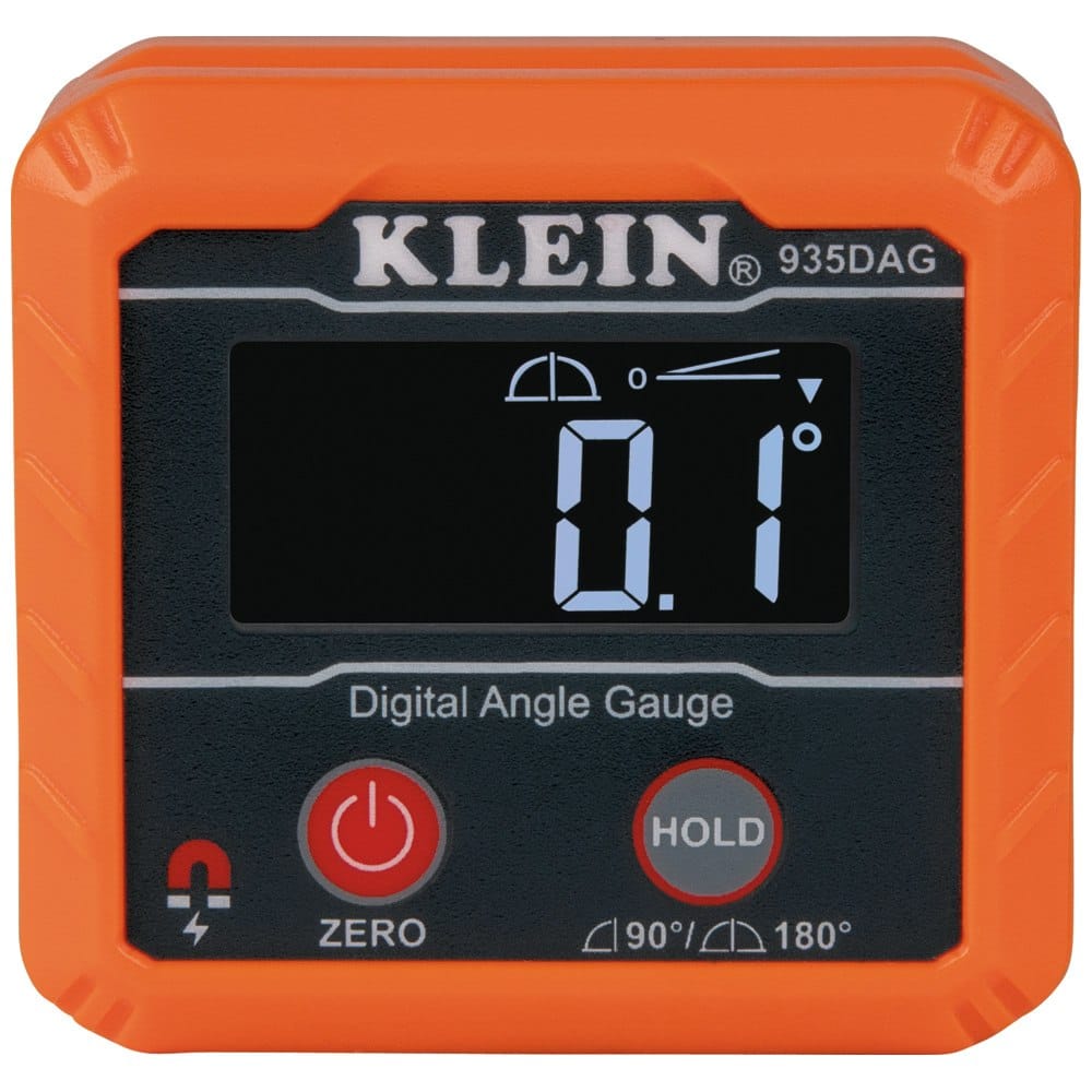 A direct front view of the digital angle gauge showing a reading of 0.1 degrees, with visible icons for magnetic base and measurement ranges on the housing.