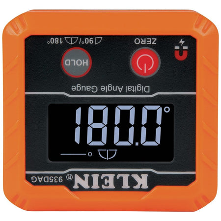 The digital angle gauge positioned upside down, demonstrating the auto-rotating display feature where the measurement of 180.0 degrees remains upright and readable.