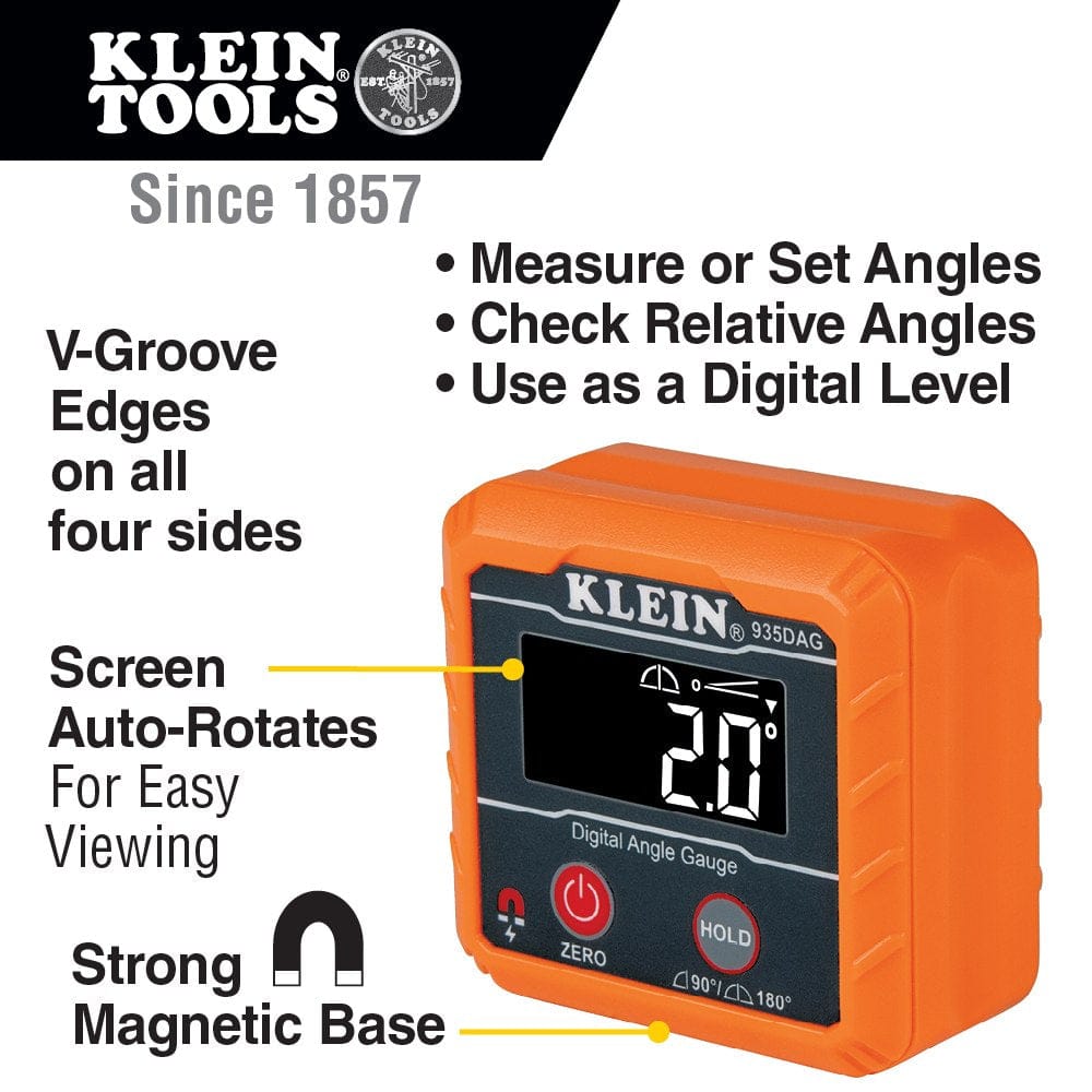 An infographic pointing out key features of the tool, including V-groove edges on all four sides, a screen that auto-rotates, and a strong magnetic base.