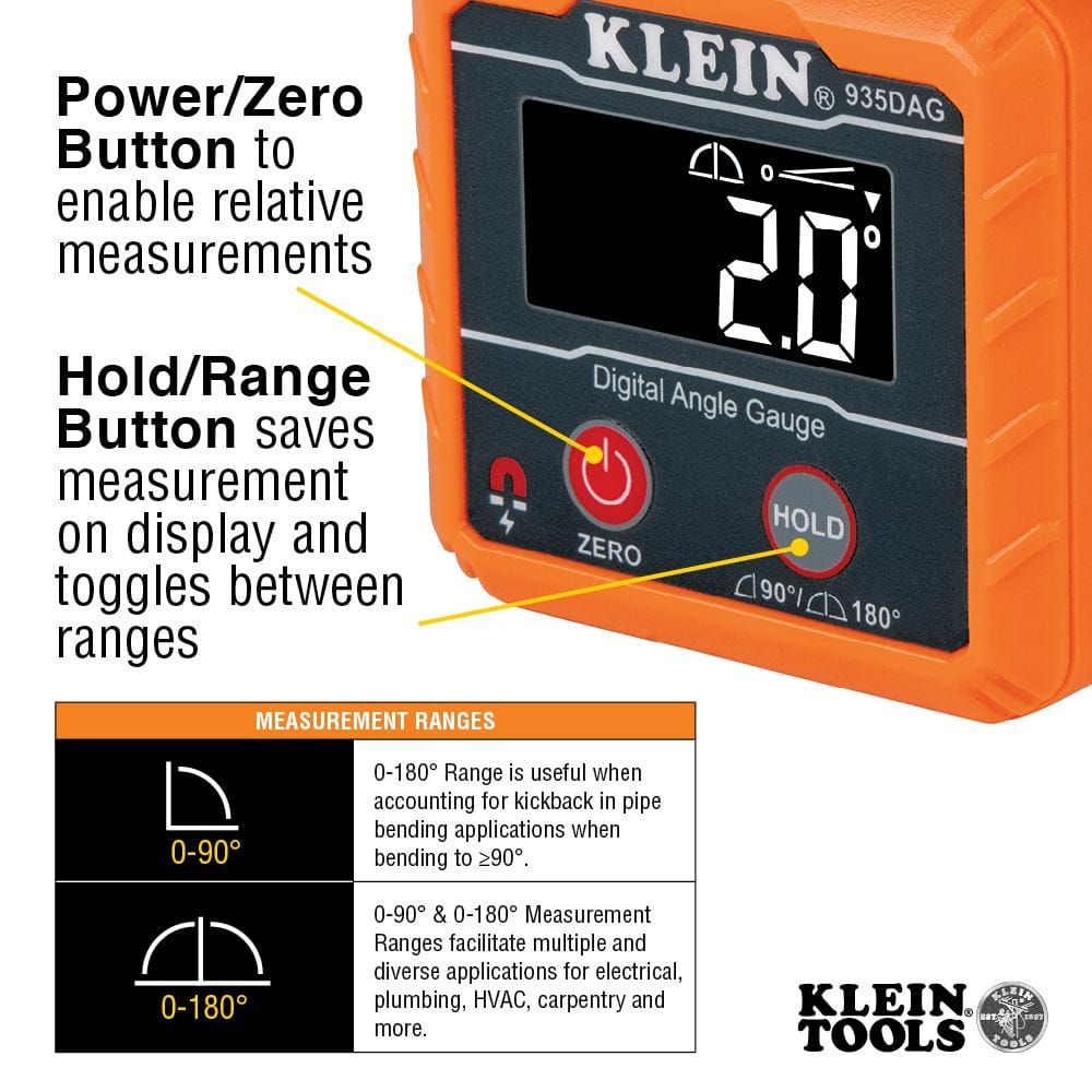 An infographic explaining the button functions: Power/Zero for relative measurements and Hold/Range to toggle between 0-90 and 0-180 degree ranges for pipe bending applications.