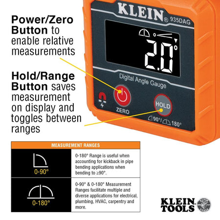 An infographic explaining the button functions: Power/Zero for relative measurements and Hold/Range to toggle between 0-90 and 0-180 degree ranges for pipe bending applications.