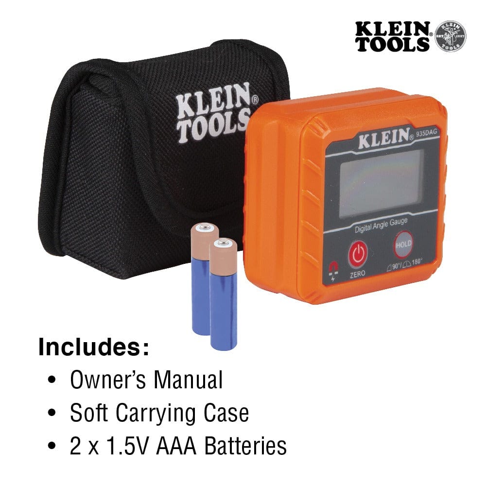 The Klein Tools digital angle gauge displayed with its included accessories: a black soft carrying case with the Klein Tools logo and two AAA batteries.
