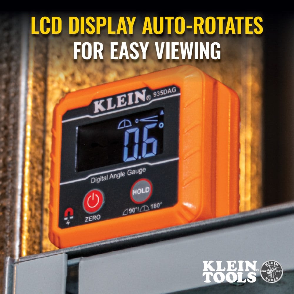 The angle gauge attached to a metal shelf frame upside down, displaying 0.6 degrees right-side up to demonstrate the auto-rotating LCD feature.