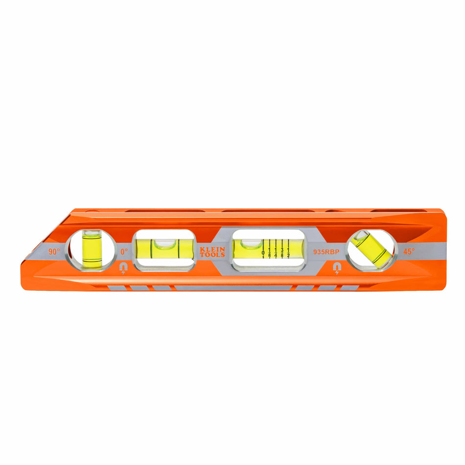 A studio product shot of the Klein Tools 935RBP 8-inch billet aluminum torpedo level in high-visibility orange, featuring four precision acrylic vials for reading 90-degree plumb, 0-degree level, 45-degree angles, and pitch in 1/8-inch increments.