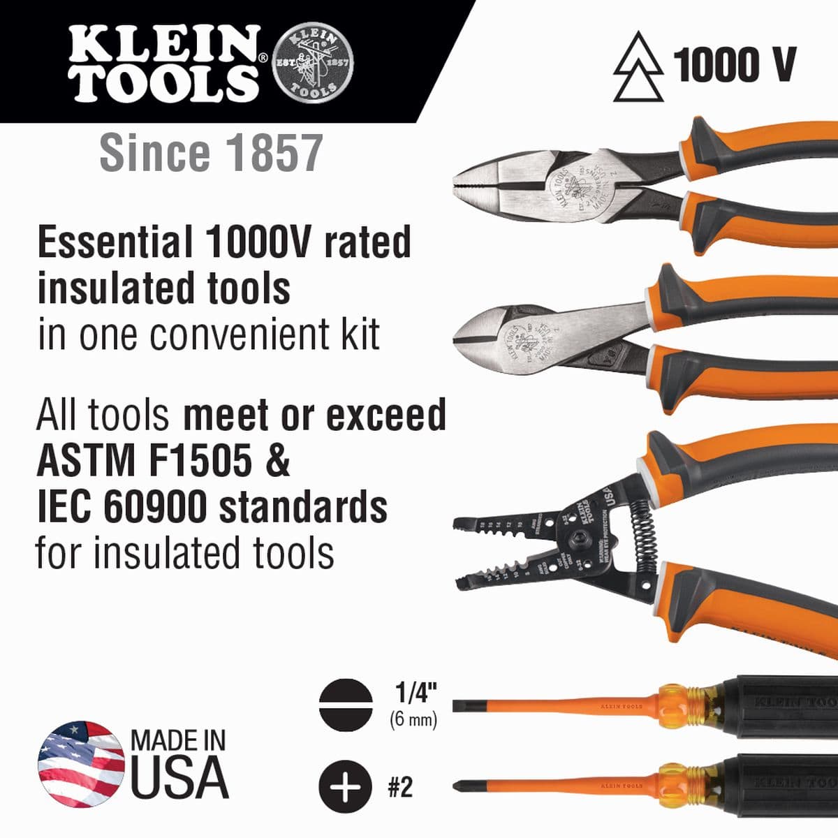 An informational graphic advertisement showing the five pieces of the Klein Tools 1000V insulated set with explanatory layout text highlighting compliance with ASTM F1505 and IEC 60900 standards, a 1000V rating badge, and explicit tip sizing icons for the 1/4 inch slotted and number 2 Phillips screwdrivers.