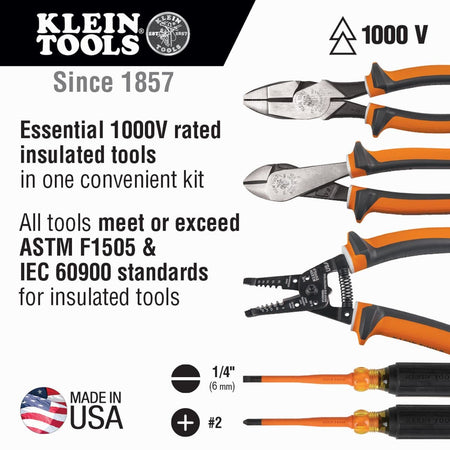 An informational graphic advertisement showing the five pieces of the Klein Tools 1000V insulated set with explanatory layout text highlighting compliance with ASTM F1505 and IEC 60900 standards, a 1000V rating badge, and explicit tip sizing icons for the 1/4 inch slotted and number 2 Phillips screwdrivers.