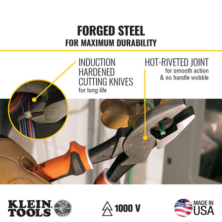 An application infographic for the Klein Tools high-voltage linesman pliers detailing the forged steel structure, induction-hardened cutting knives for long service life, and a smooth-action hot-riveted joint to eliminate handle wobble while a circular inset shows the diagonal cutters snipping a cable tie.