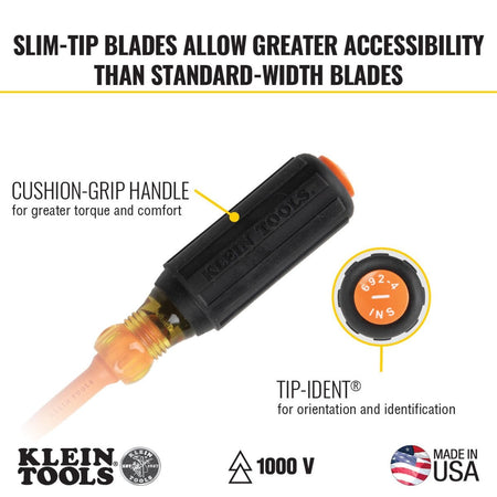 A close-up product callout detailing a Klein Tools insulated slim-tip screwdriver handle highlighting the comfortable cushion-grip body layout and a round inset emphasizing the orange and white Tip-Ident end cap graphic for easy tool bag classification.