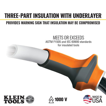 A structural close-up infographic diagram illustrating the specialized three-part insulation protective barrier on the handle of the Klein Tools 94130 pliers showing how the layered warning underlayer alerts users if the dielectric coating is dangerously compromised.