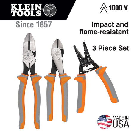 Klein Tools 1000V electrical hand tool set marketing graphic displaying three impact and flame-resistant pieces, including heavy-duty side cutters, diagonal cutting pliers, and a multi-zone wire stripper, bordered by technical callouts highlighting ASTM F-1505-16 and IEC 60900:2018 certification details next to a circular brand emblem.
