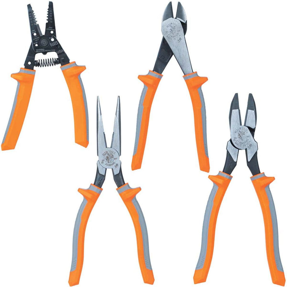 Klein Tools 9417R 1000V insulated 4-piece electrical shock protection kit featuring a multi-zone wire stripper cutter, heavy-duty long-nose pliers, high-leverage diagonal cutters, and side-cutting lineman pliers, all equipped with dual-layer orange and gray protective handles isolated on a white background.