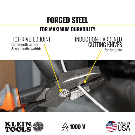 Klein Tools forged steel maximum durability information graphic detailing a hot-riveted smooth joint assembly that completely eliminates handle wobble and precision induction-hardened cutting knives engineered to deliver extended edge life when shearing electrical wires near active terminal junctions.