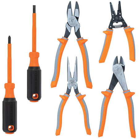 Klein Tools 9418R 1000V insulated 6-piece hand tool set overview displaying a Phillips screwdriver, a slotted cabinet tip screwdriver, side-cutting lineman pliers, long-nose pliers, a multi-zone wire stripper, and high-leverage diagonal cutters, all designed with matching orange and gray shock protection safety handles isolated on a white background.