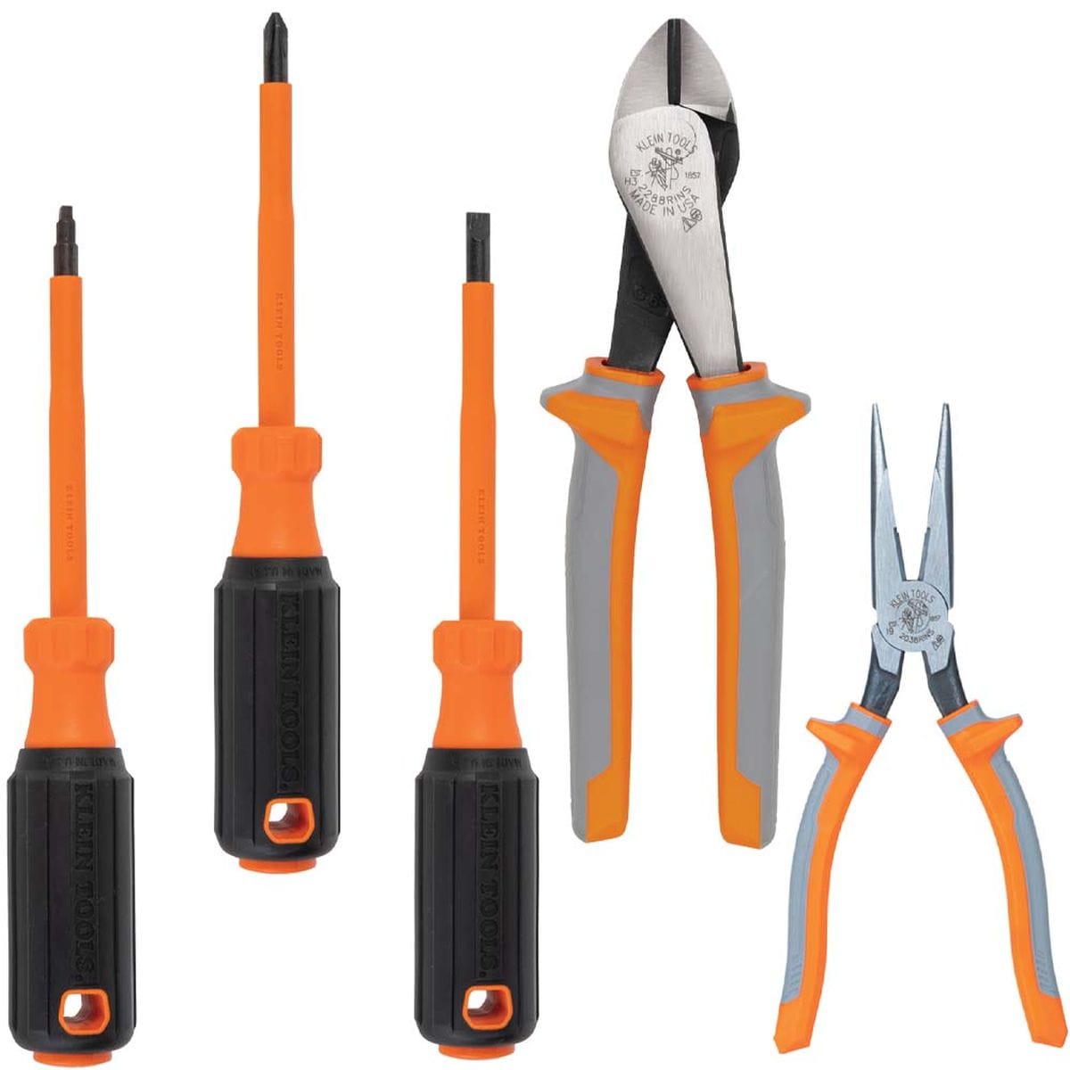 Klein Tools 9419R 1000V insulated 5-piece hand tool set array featuring a square drive screwdriver, a Phillips screwdriver, a slotted cabinet tip screwdriver, high-leverage diagonal cutters, and long-nose side-cutting pliers, all designed with matching dual-layer gray and orange shock protection safety handles isolated on a white background.