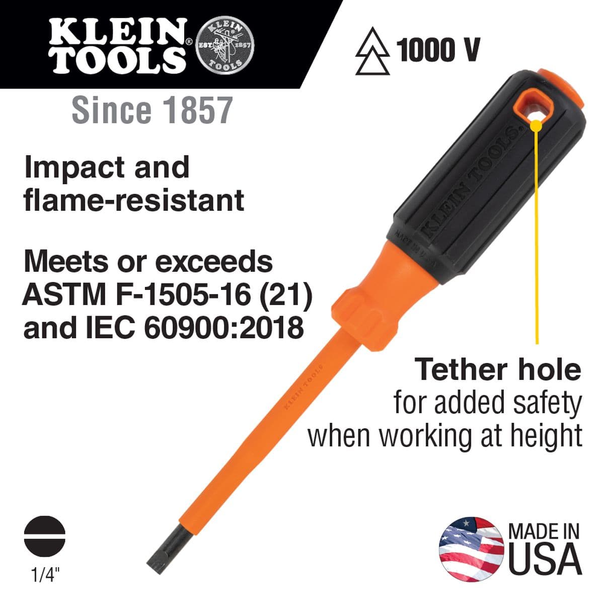Klein Tools 1000V insulated 1/4 inch cabinet tip slotted screwdriver product infographic detailing code safety, highlighting impact and flame-resistant properties, compliance markers for ASTM F-1505-16 and IEC 60900:2018 standards, a built-in handle tether hole, and a Made in USA logo asset.