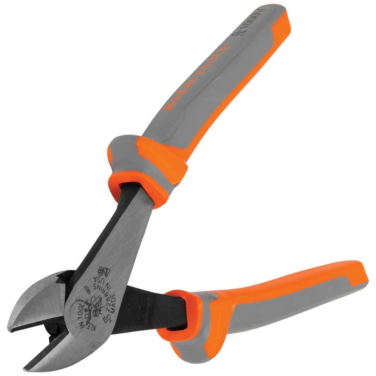 Klein Tools 2288RINS high-leverage insulated diagonal-cutting pliers shown standing open from a vertical profile angle, highlighting a drop-forged angled cutting jaw with a black oxide finish and ergonomic dual-layer gray and orange shock-protection handles isolated on a white background.