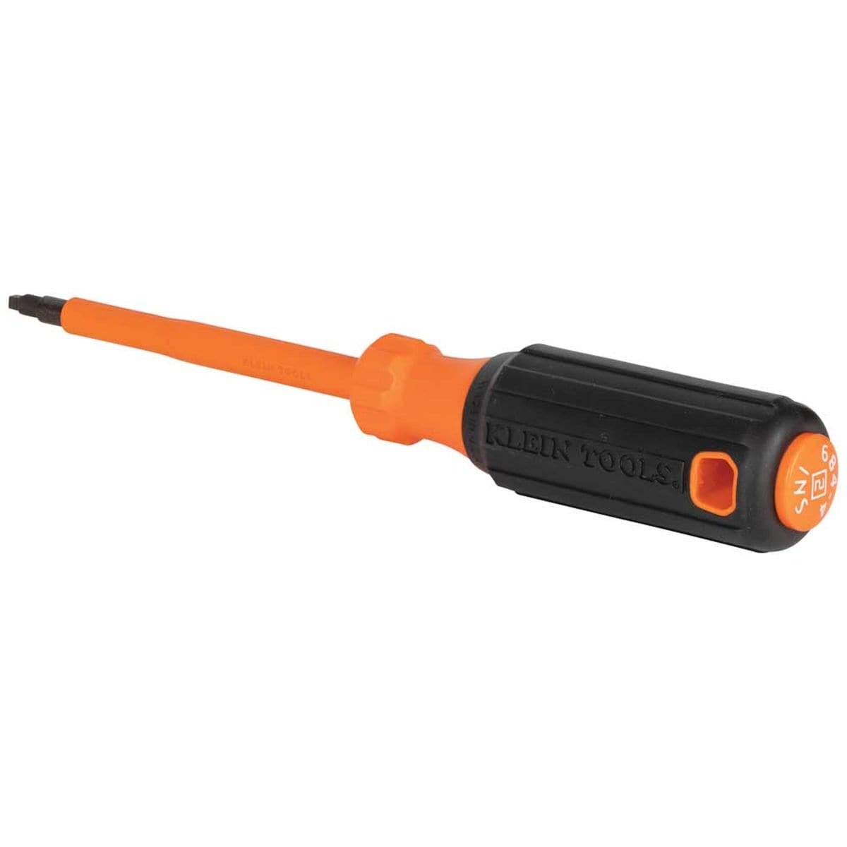 Klein Tools 1000V insulated square drive tip screwdriver full horizontal layout, featuring a finely machined alloy steel tip integrated flush with an orange dielectric insulated round shank, a black rubberized high-torque cushion-grip handle, and a molded safety lanyard tether hole isolated on a white background.