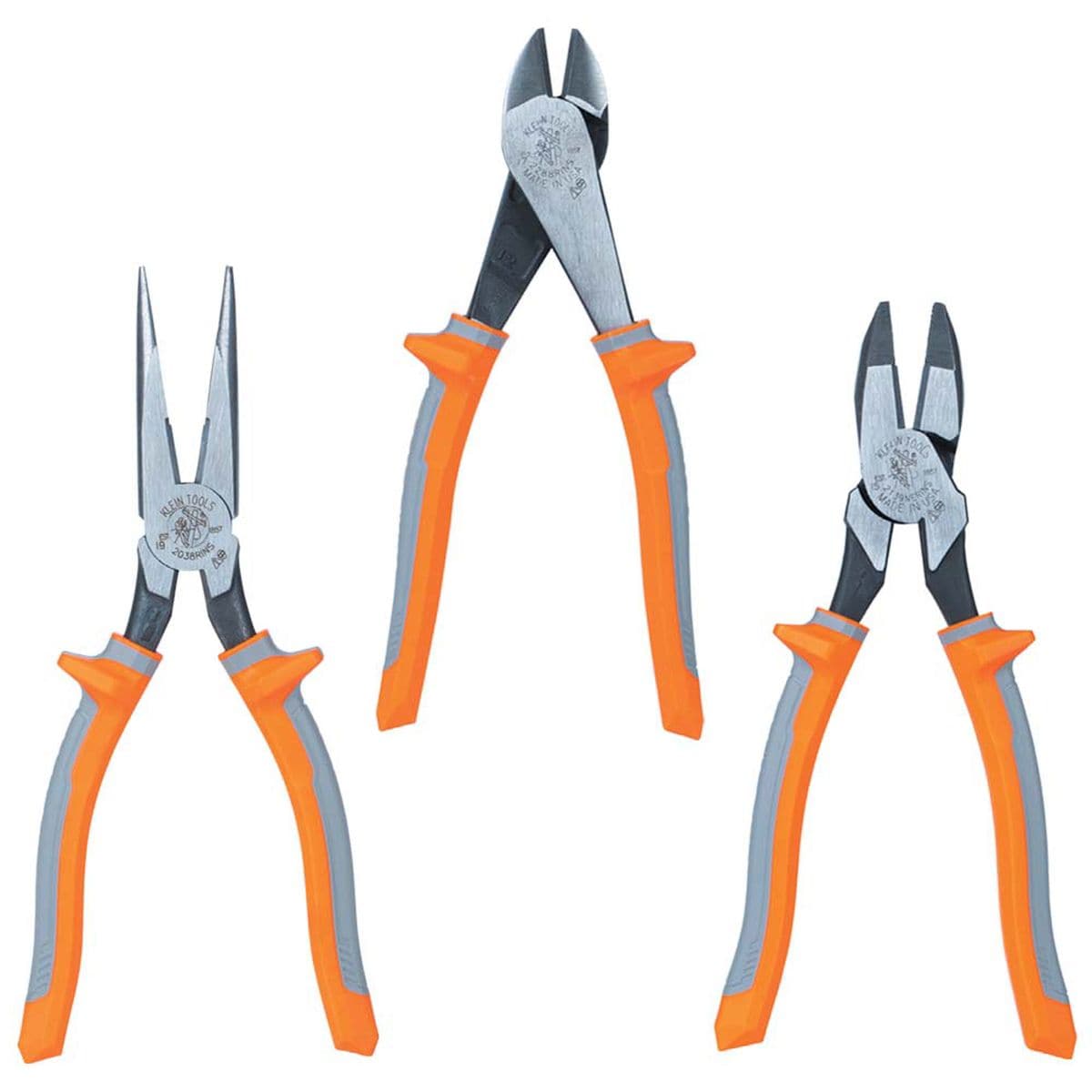 Klein Tools 9420R 1000V insulated tool set configuration containing an 8 inch side cutting long nose pliers pair, an 8 inch high leverage diagonal cutter pair, and a 9 inch side cutting linesman pliers pair, all featuring matching dual layer gray and orange shock protection safety handles isolated on a clean white background.