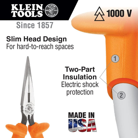 Klein Tools 1000V rated insulated long nose pliers technical graphic displaying a slim head design layout for hard to reach spaces, highlighting a callout diagram for protective two part insulation layer electric shock protection alongside a structural Made in USA brand emblem.