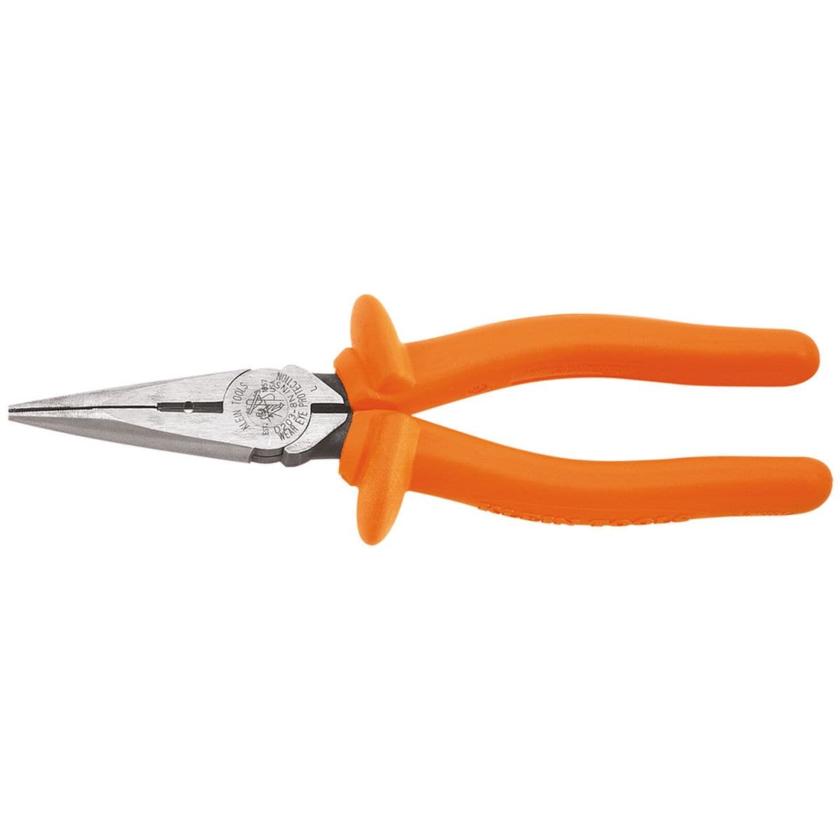 Klein Tools 2038RINS heavy duty 1000V safety insulated long nose pliers resting flat, showcasing an extended slim profile side cutting jaw configuration with solid orange flame retardant synthetic handles equipped with molded finger barrier guards isolated on a white background.