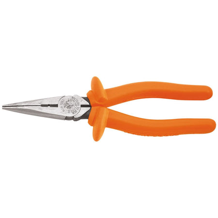 Klein Tools 2038RINS heavy duty 1000V safety insulated long nose pliers resting flat, showcasing an extended slim profile side cutting jaw configuration with solid orange flame retardant synthetic handles equipped with molded finger barrier guards isolated on a white background.
