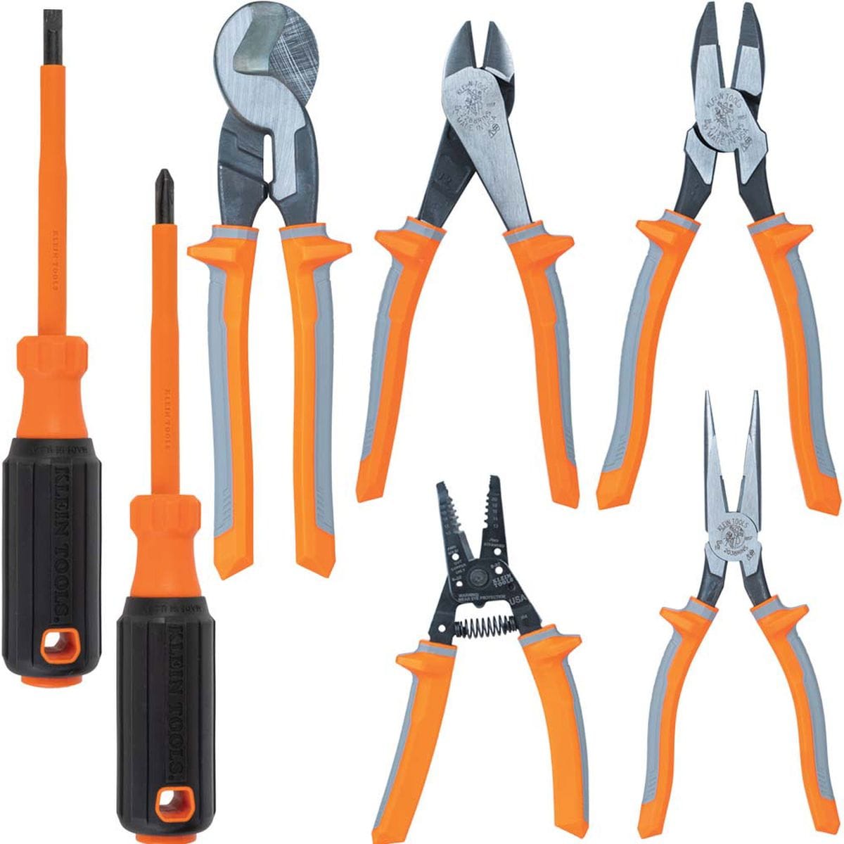 Klein Tools 9421R 1000V insulated 7-piece tool set product configuration showing a slotted screwdriver, a Phillips screwdriver, high-leverage cable cutters, diagonal cutters, side-cutting lineman pliers, a multi-zone wire stripper, and long-nose pliers, all designed with dual-layer gray and orange protective safety handles isolated on a white background.