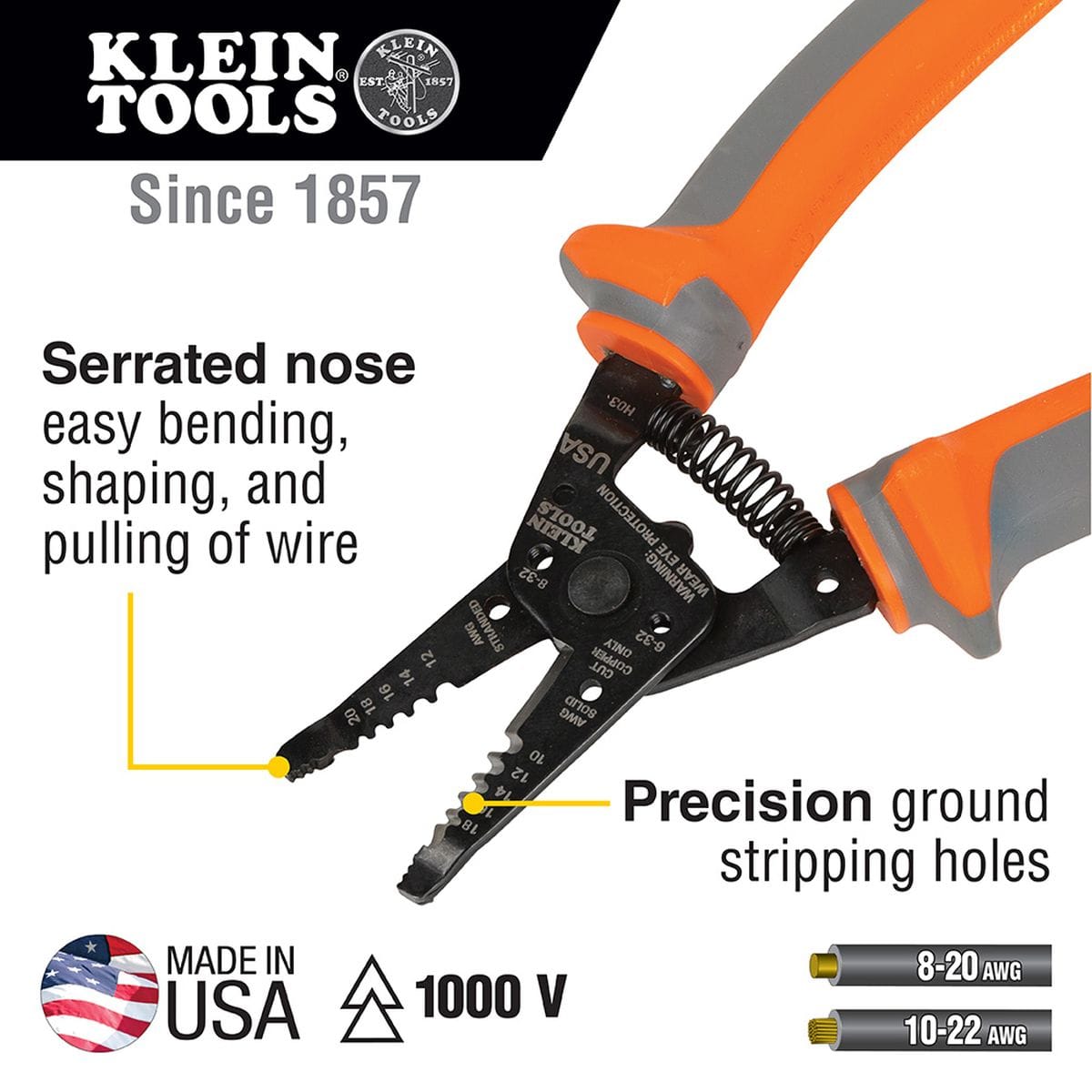 Klein Tools 1000V insulated wire stripper and cutter infographic showcasing the open spring-loaded black-oxide jaw matrix, indicating callout markers for a serrated nose for easy bending, shaping, and pulling of wire, alongside precision-ground wire stripping holes labeled for 8-20 AWG stranded and 10-22 AWG solid core conductor wires.