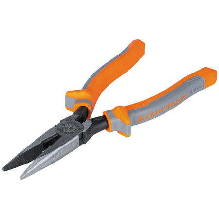 Klein Tools 2038RINS heavy-duty 1000V insulated long-nose side-cutting pliers viewed from a high angle perspective, featuring an extended slim profile jaw structure, flame-retardant gray and orange dual-layer handles with raised thumb guards, and a laser-etched voltage safety specification mark isolated on a white background.