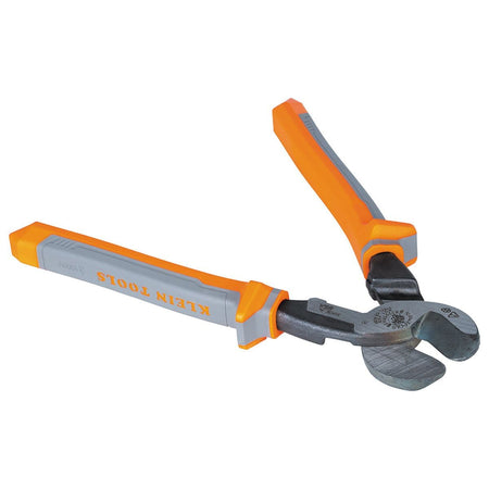 Klein Tools 63225RINS high-leverage insulated cable cutter lying diagonally against a white background, highlighting a specialized bypass shear blade configuration forged from industrial tool steel, integrated into high-dielectric insulated handles branded with the company name and labeled with a 1000V protective rating indicator.