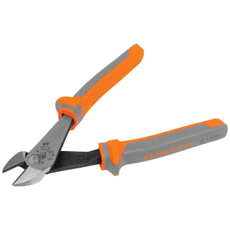Klein Tools 2288RINS high-leverage diagonal-cutting pliers shown from an elevated horizontal perspective, highlighting an angled jaw layout with induction-hardened cutting knives, heavy-duty black alloy joints, and ergonomic dual-component gray and orange shock-protection handles isolated on a white background.