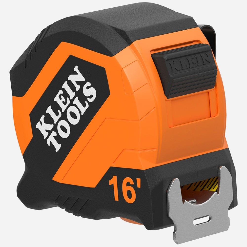 A professional Klein Tools 16-foot compact tape measure featuring a high-impact orange and black housing with a large 16-foot marking on the side.