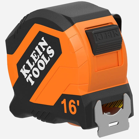 A professional Klein Tools 16-foot compact tape measure featuring a high-impact orange and black housing with a large 16-foot marking on the side.