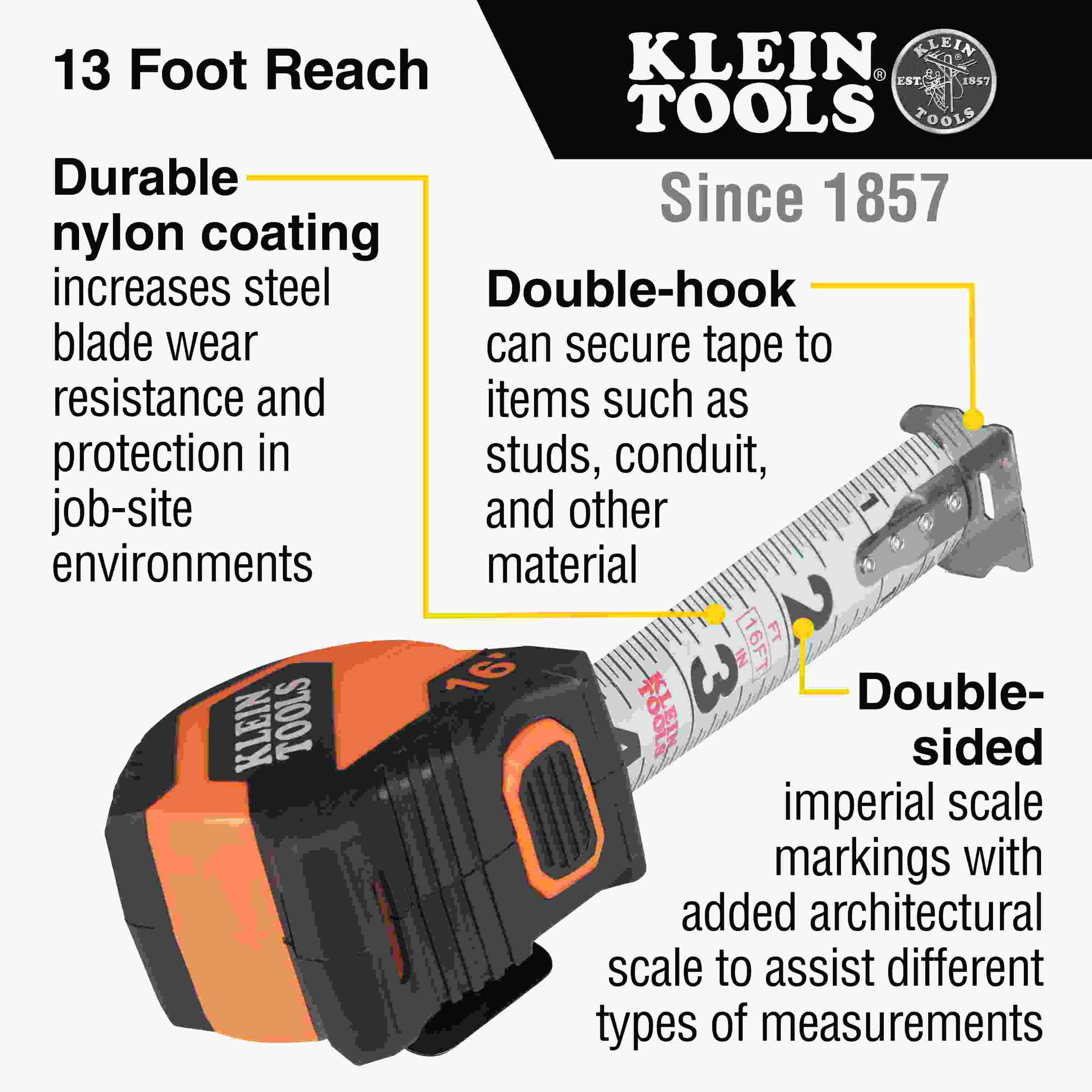 Infographic highlighting the features of the Klein Tools 9516 including its 13-foot reach, durable nylon coating, double-hook, and double-sided imperial scale.