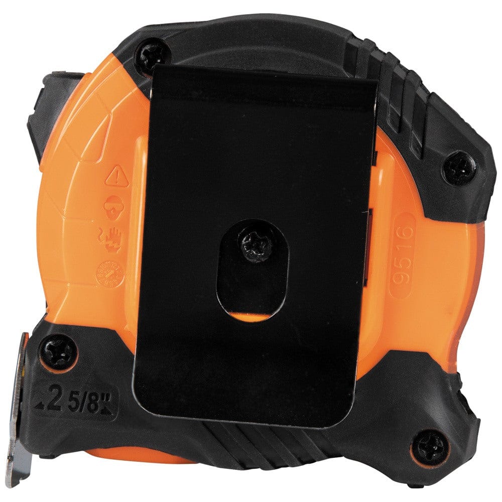 Rear view of the Klein Tools 16-foot compact tape measure showing the heavy-duty metal belt clip and the 2-5/8 inch base measurement for inside dimensions.
