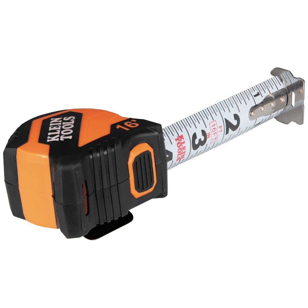 The Klein Tools 9516 tape measure with the blade extended, showcasing the double-sided imperial scale and the reinforced double-hook tip.