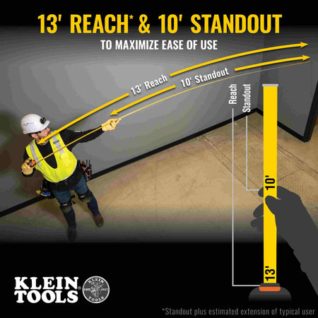 Graphic illustration demonstrating the 13-foot reach and 10-foot standout capabilities of the Klein Tools 9516 tape measure on a jobsite.