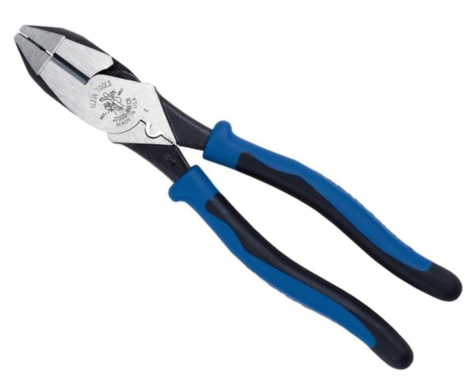 Studio view of the Klein Tools 9-inch lineman pliers featuring blue and black dual-material handles and a silver steel head with a crimping die behind the hinge.