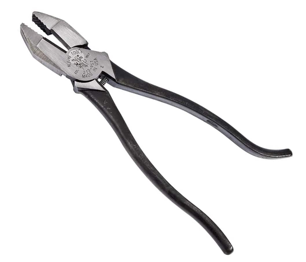 Studio view of the Klein Tools 9-inch ironworker's pliers featuring curved black steel handles, a spring-loaded joint mechanism, and open silver jaws.
