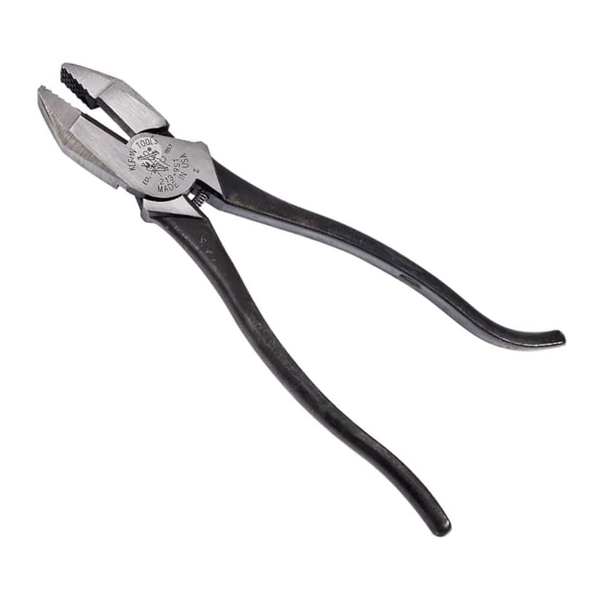 Studio view of the Klein Tools 9-inch ironworker's pliers featuring curved black steel handles, a spring-loaded joint mechanism, and open silver jaws.