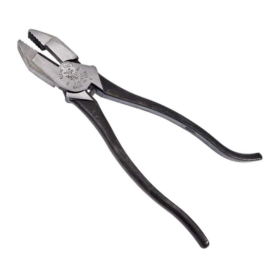 Studio view of the Klein Tools 9-inch ironworker's pliers featuring curved black steel handles, a spring-loaded joint mechanism, and open silver jaws.