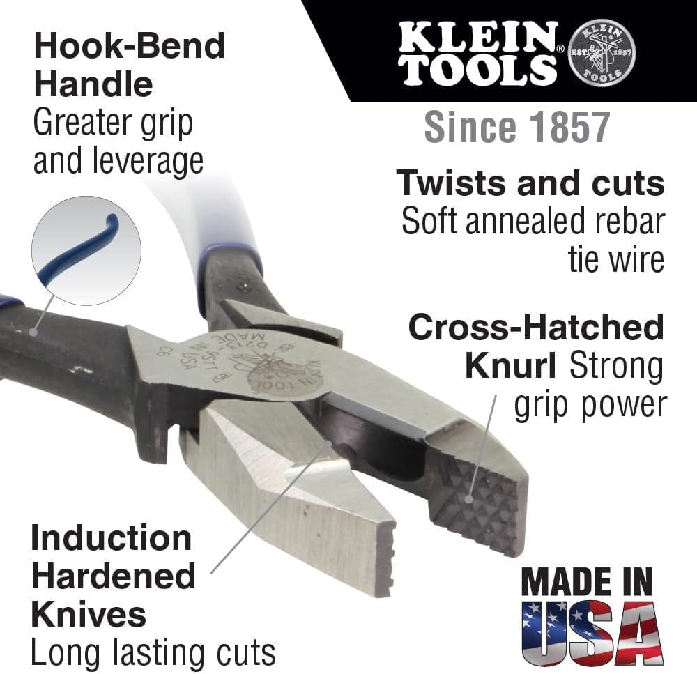 Detailed features diagram of the pliers highlighting the aggressive cross-hatched knurl on the jaws, induction hardened cutting knives, and the hook-bend handle design.