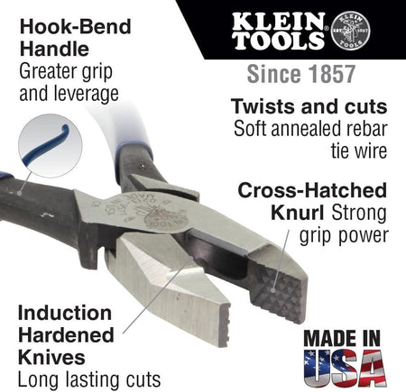 Detailed features diagram of the pliers highlighting the aggressive cross-hatched knurl on the jaws, induction hardened cutting knives, and the hook-bend handle design.