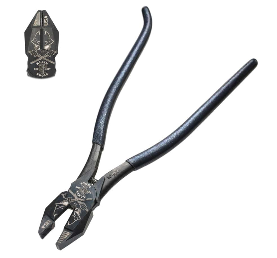 Klein Tools lineman’s pliers with dark blue handles and engraved head showing lineman climbing a pole, USA branding, and model number 91009, with inset close-up of artwork.