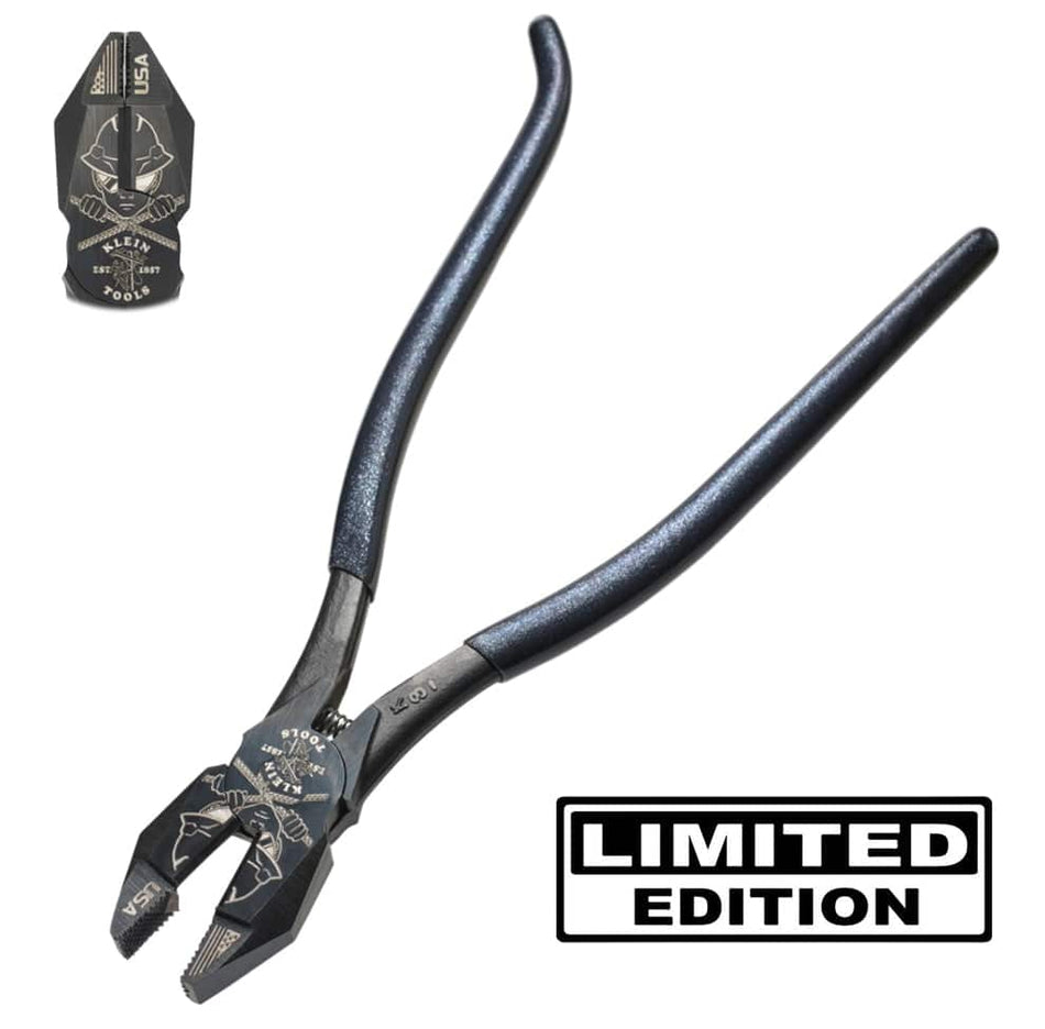Limited edition Klein Tools ironworker pliers with engraved lineman artwork, USA branding, and ergonomic handles, shown with close-up inset highlighting detailed head design.