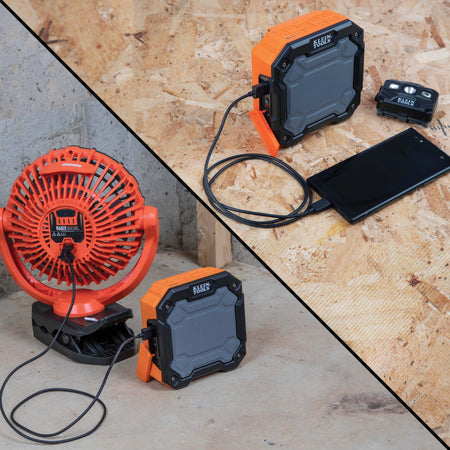 Split image demonstrating the Klein Tools AEPJS3 power bank feature, showing it charging a portable jobsite fan in one scene, and a smartphone in another scene.