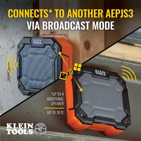 Infographic demonstrating the Klein Tools AEPJS3 Broadcast Mode, showing two speakers wirelessly connected up to 30 feet apart, allowing up to 4 additional speakers to pair together.
