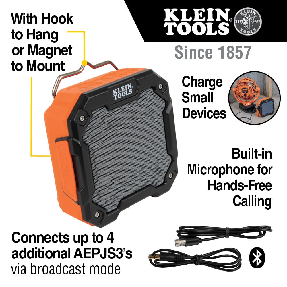 Feature overview graphic of the Klein Tools AEPJS3 highlighting its integrated wire hook, magnetic mount, built-in microphone for hands-free calling, ability to charge small devices, and Broadcast Mode connectivity.