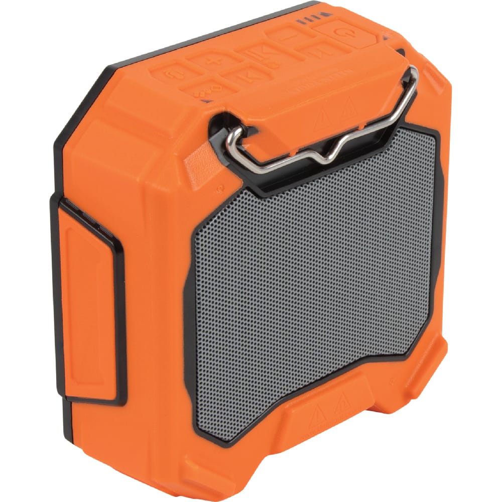 Angled rear view of the drop-proof Klein Tools AEPJS3 speaker featuring the integrated metal wire hook folded down against the orange and black housing.